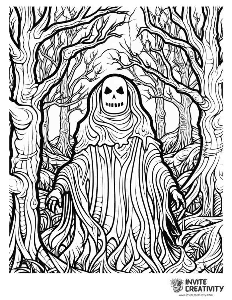 creepy ghost in the haunted forest Coloring sheet