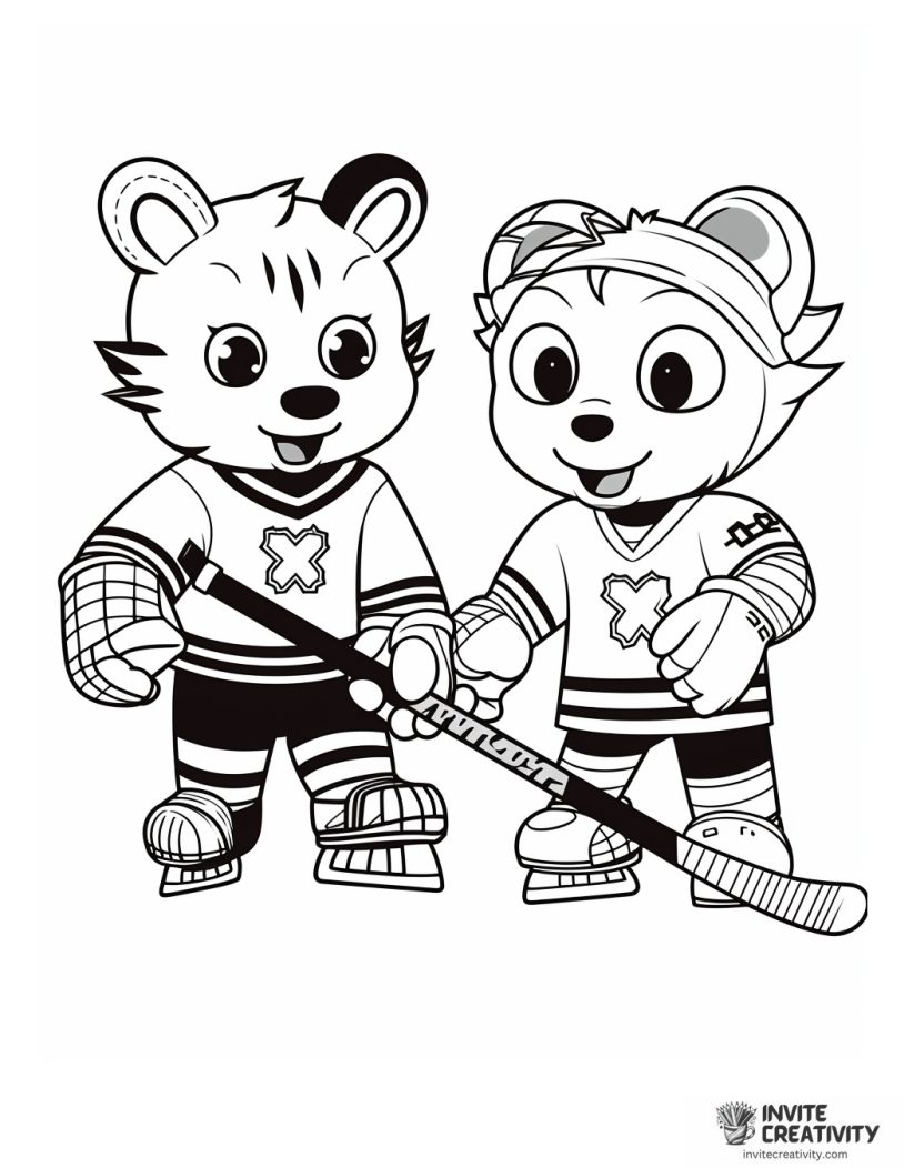 cute animals playing hockey cartoon style coloring page