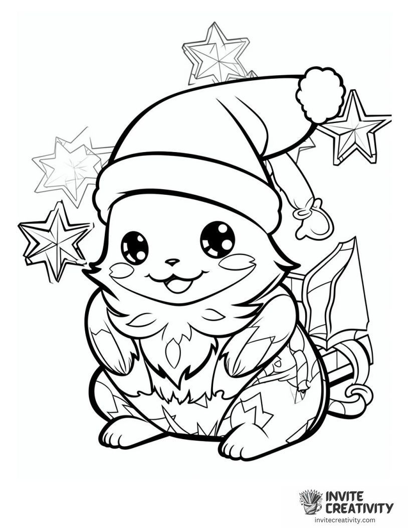 cute pikachu wearing santa hat outline