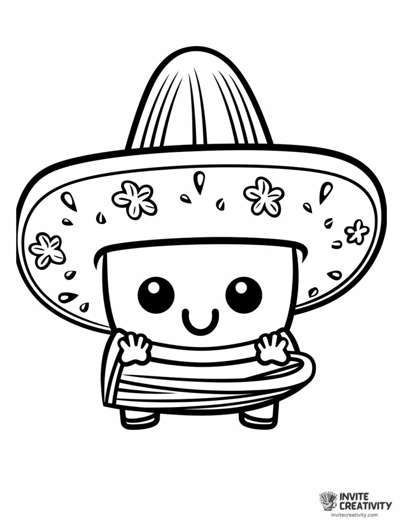 cute taco wearing a sombrero coloring page