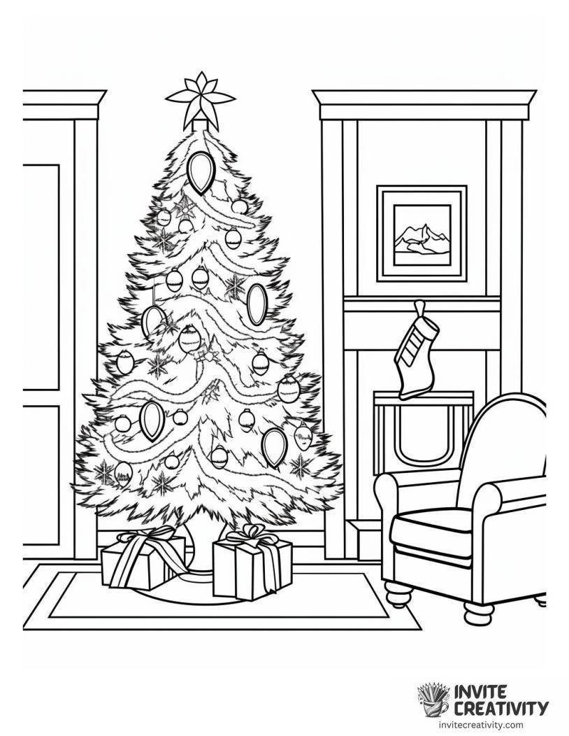 decorated christmas tree drawing to color