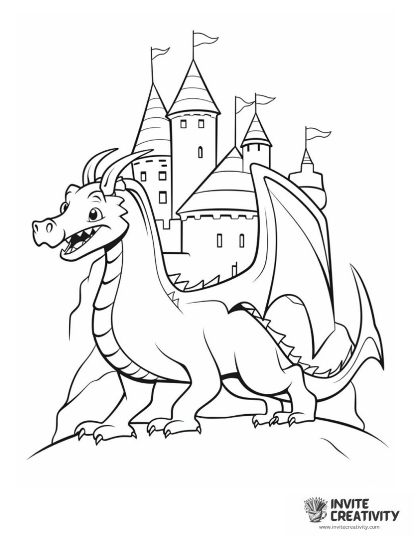 dragon in front of a castle coloring sheet