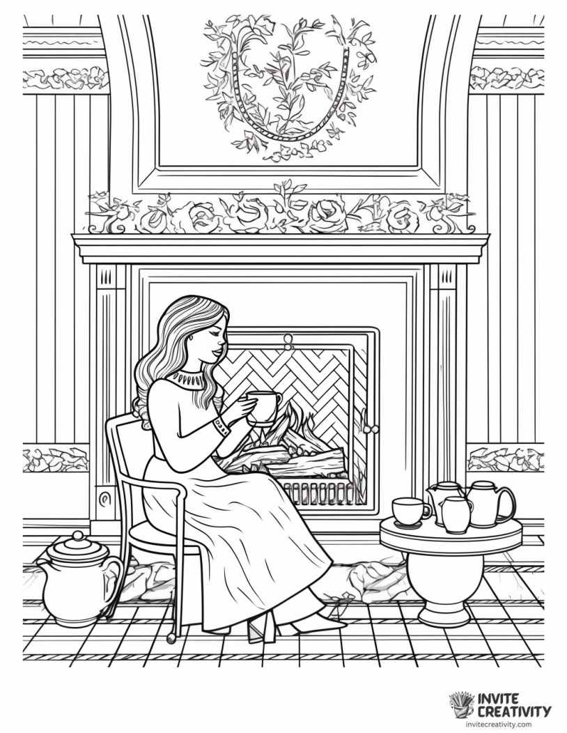 drinking tea by the fireplace coloring page