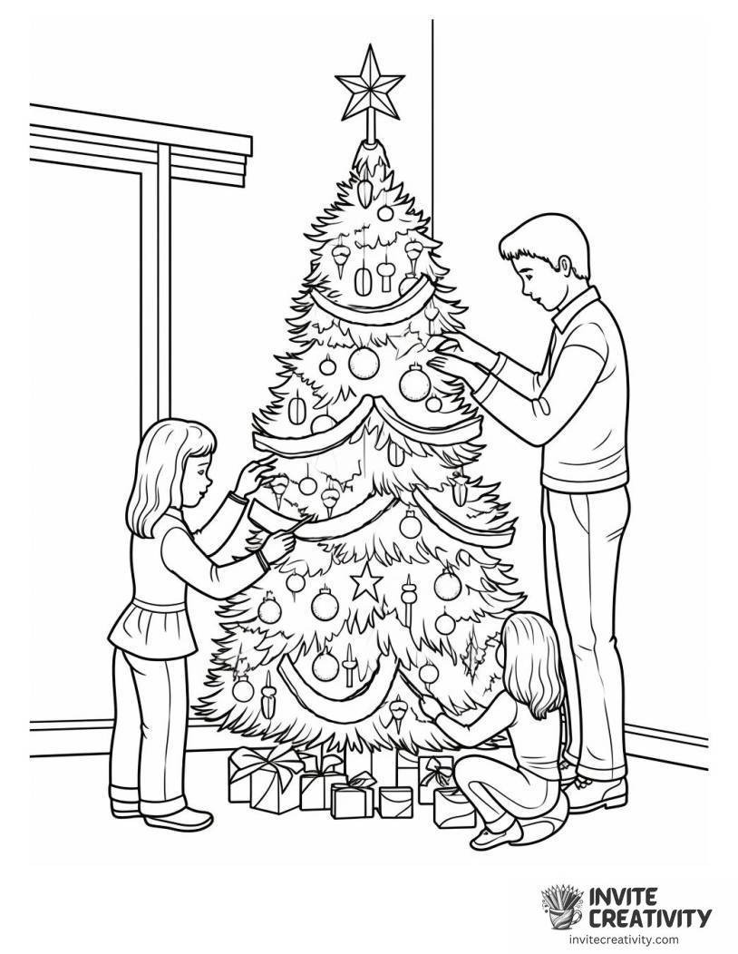 family decorating a christmas tree Coloring sheet of