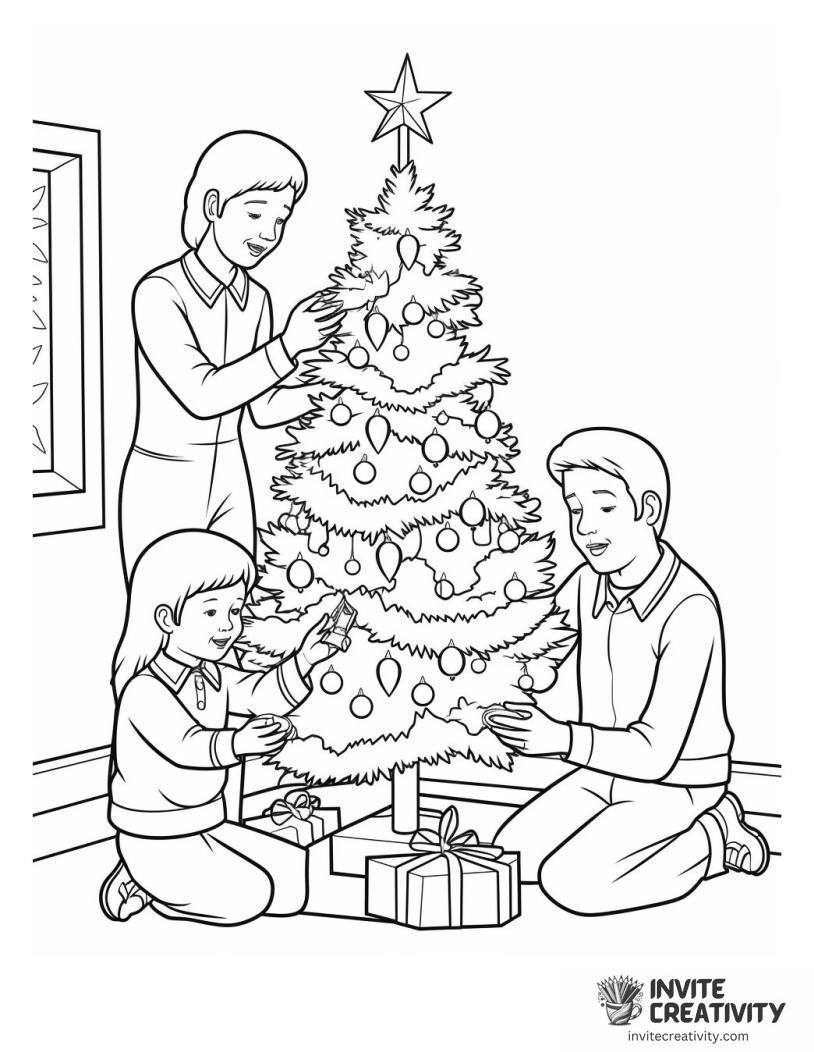 family decorating a christmas tree before christmas Coloring page