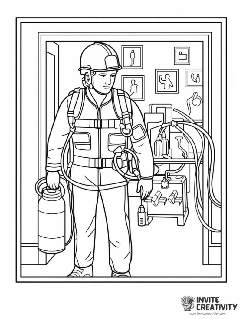 firefighter holding a fire extinguisher coloring sheet