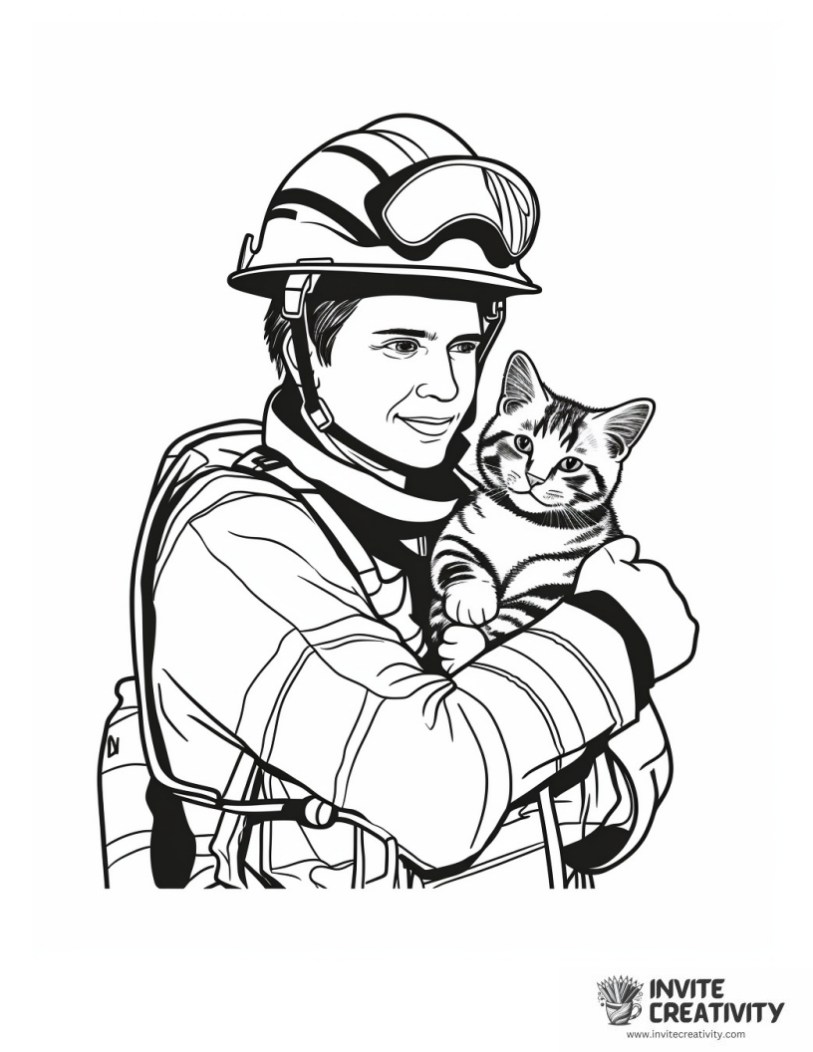firefighter rescuing a cat to color