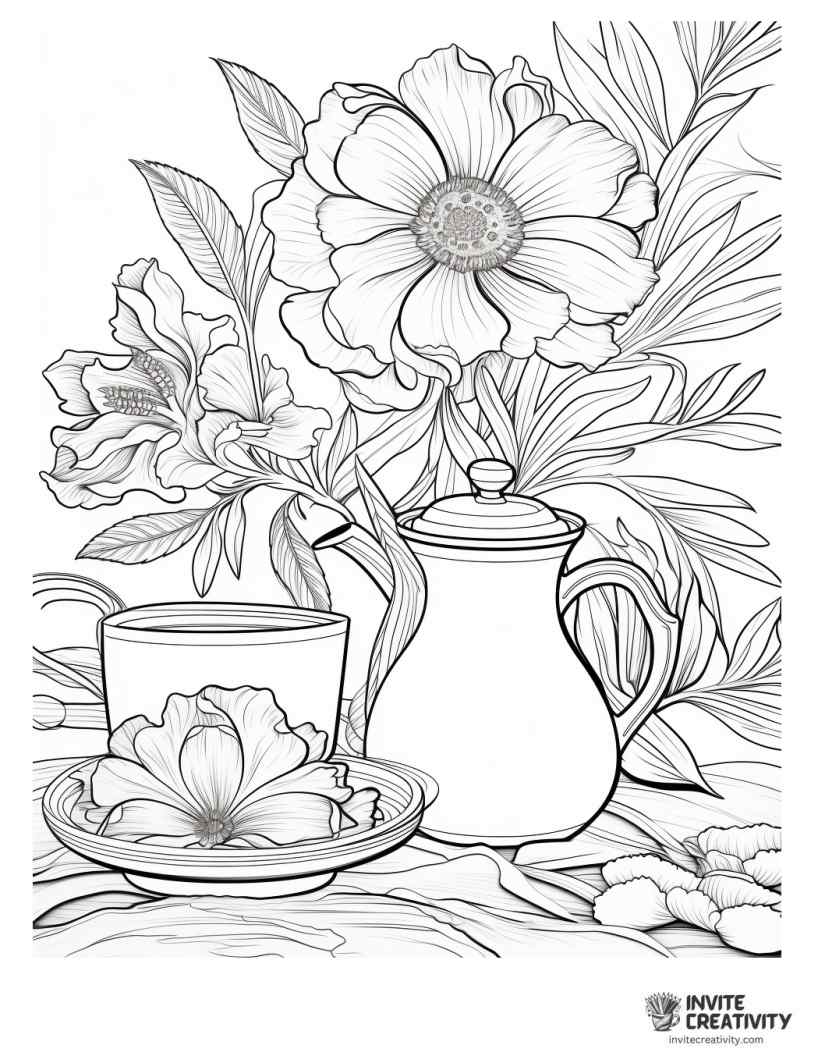 floral tea drawing to color