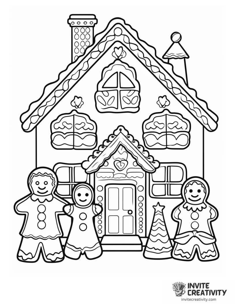gingerbread family and house Coloring sheet of