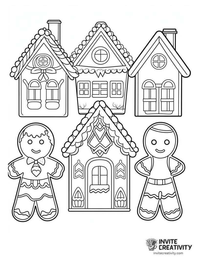 gingerbread man and house Coloring book page