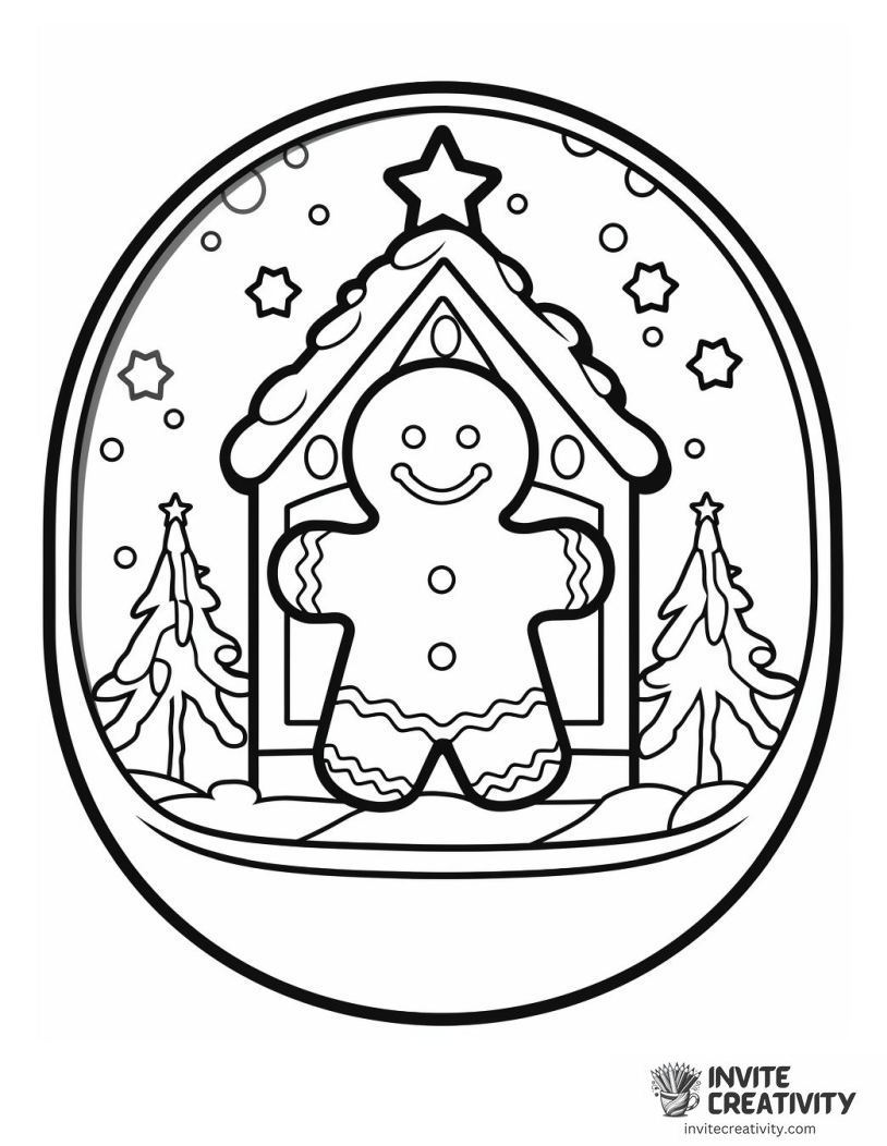 gingerbread man and house inside a snowglobe Page to Color