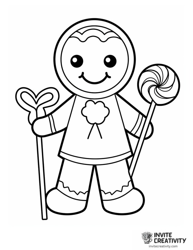 gingerbread man with a lollipop and candy cane Coloring page
