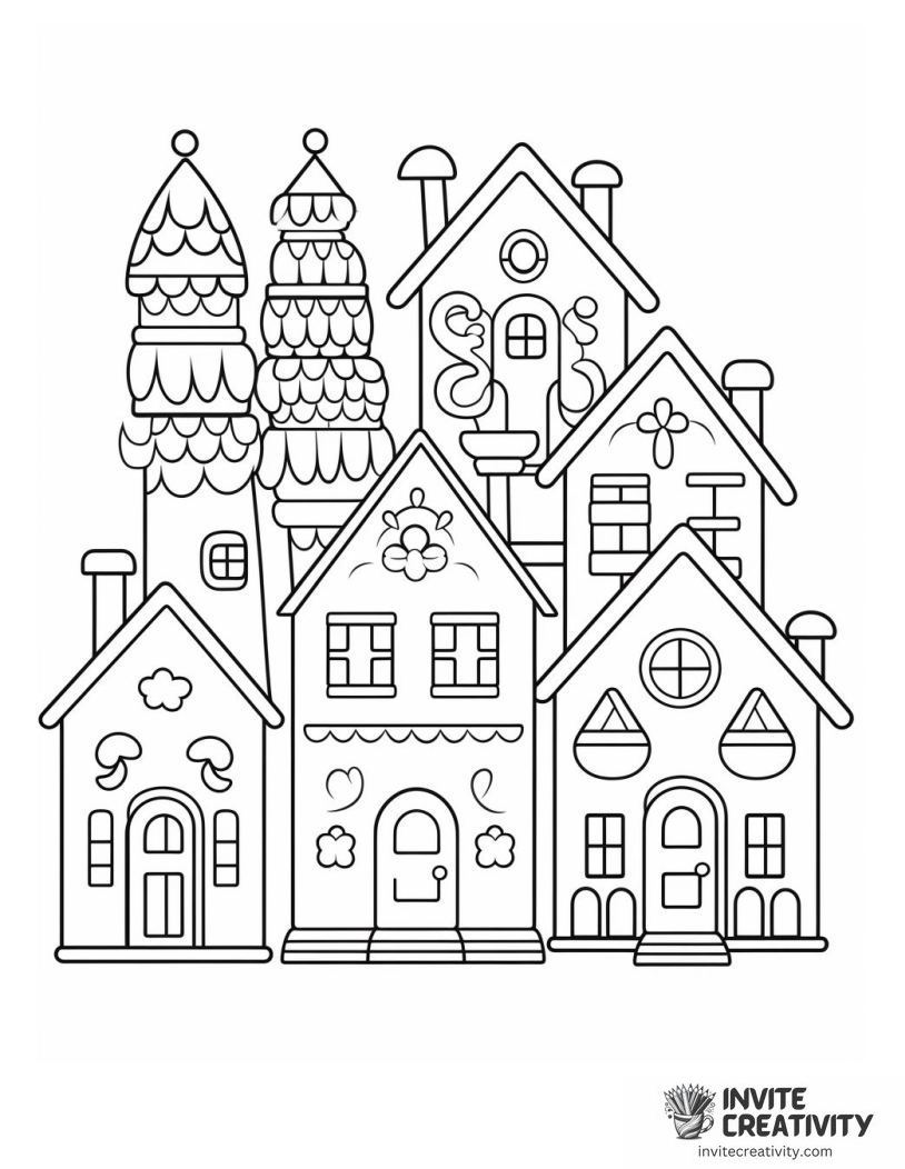 gingerbread town Coloring sheet of