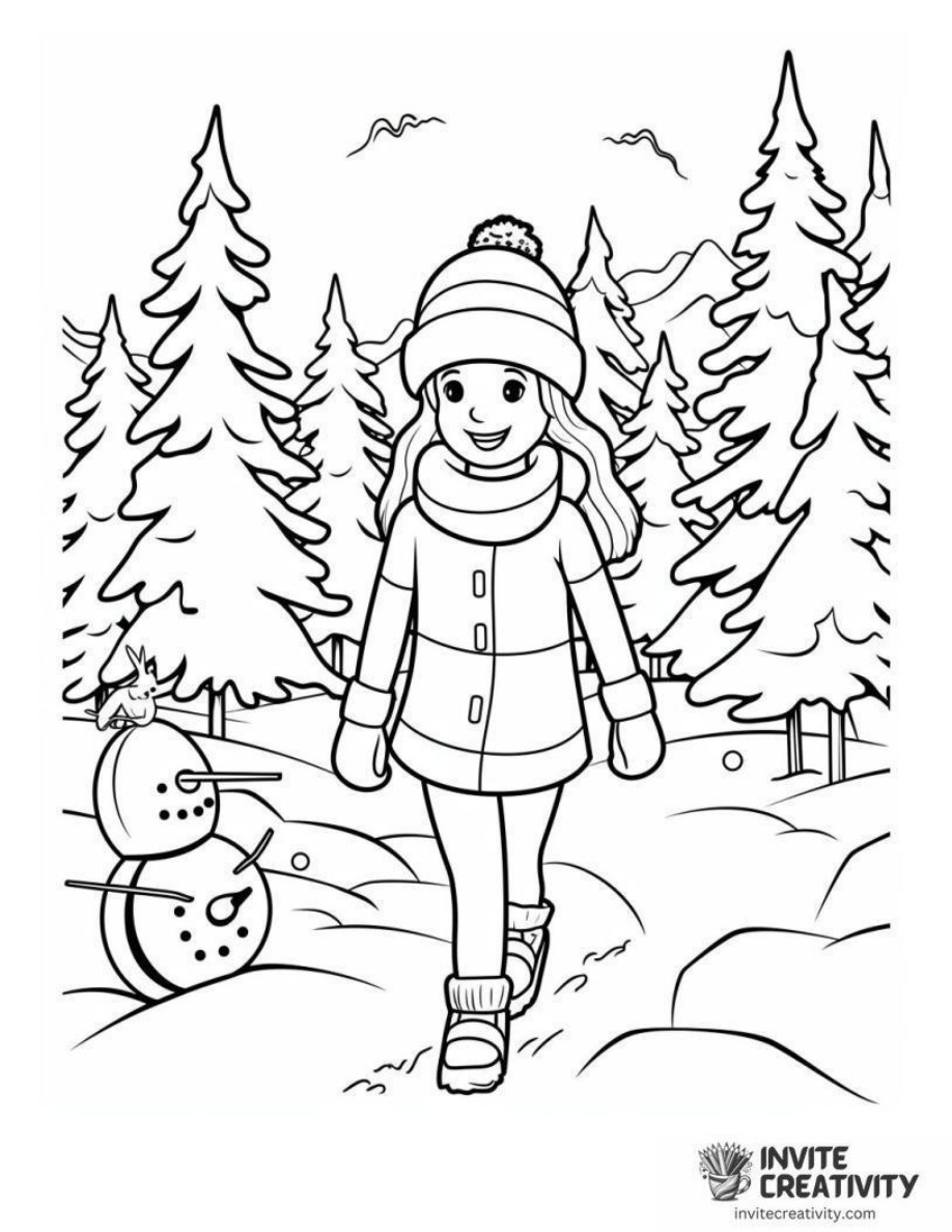 Girl and Tiny Snowman Coloring Sheet of