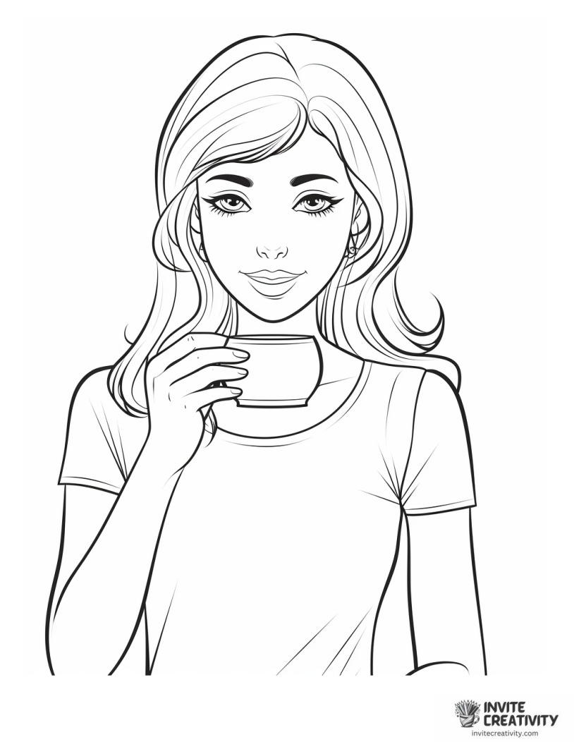 girl drinking tea coloring page