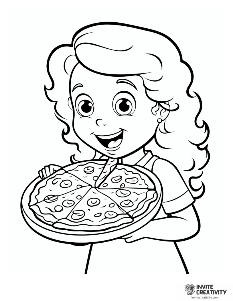 girl eating pizza drawing to color