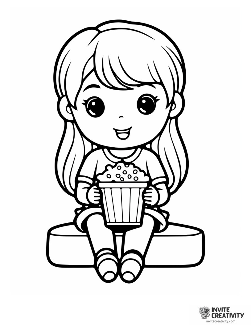 girl enjoying popcorn coloring sheet