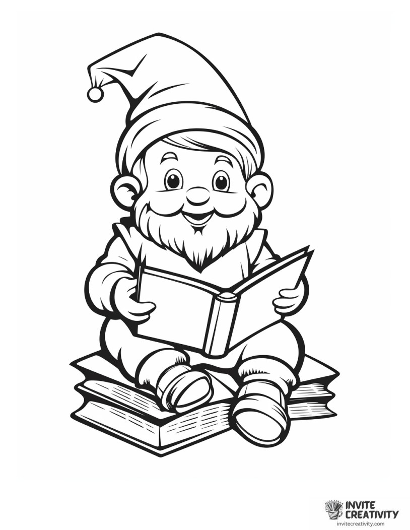 gnome reading a book coloring page
