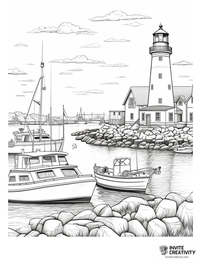 harbor scene with boats and lighthouse to color