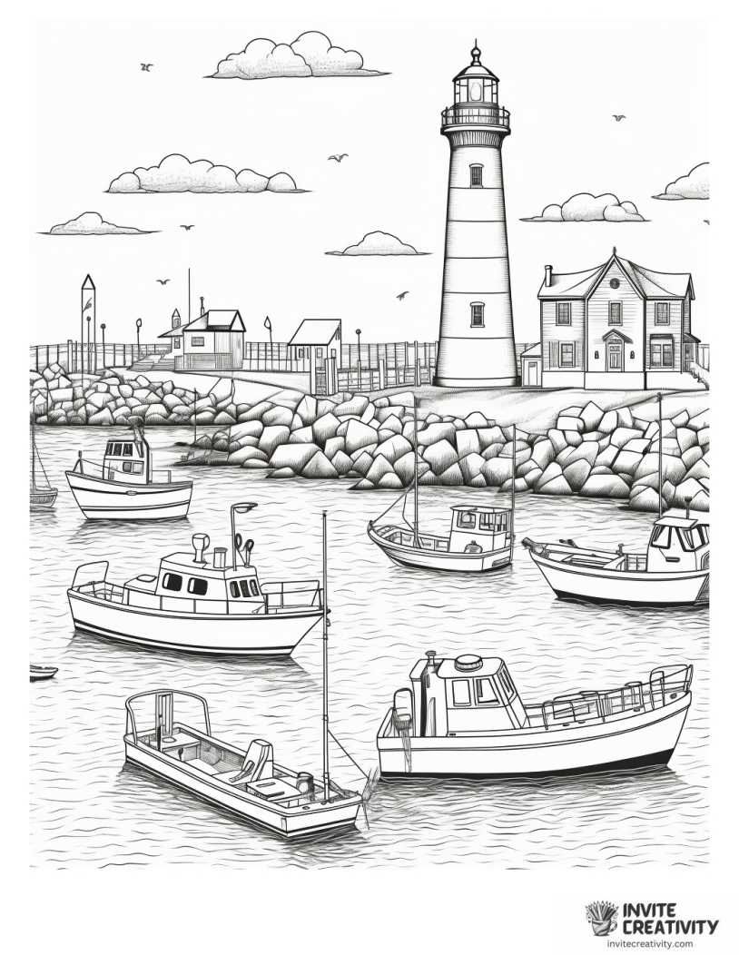harbor scene with various types of boats and lighthouse