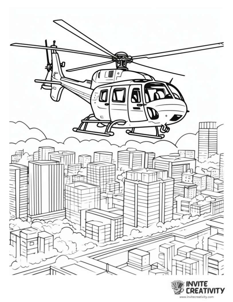 helicopter flying over a city coloring sheet