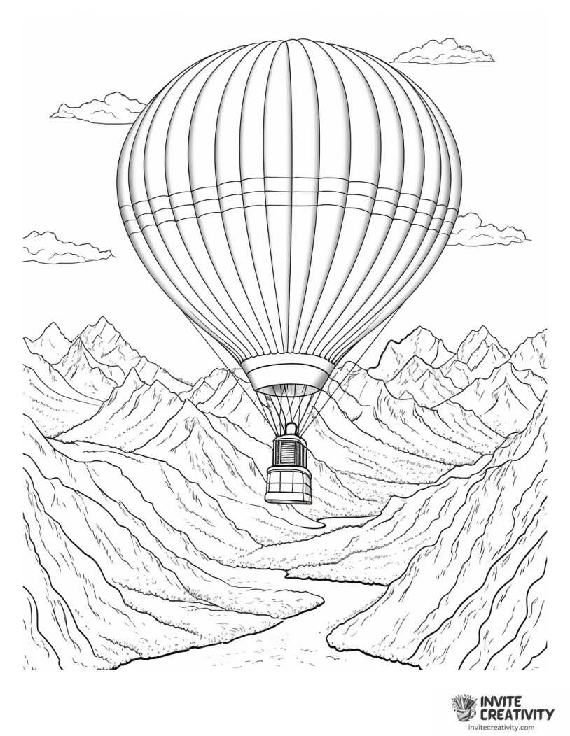 hot air balloon flying above snowy mountains