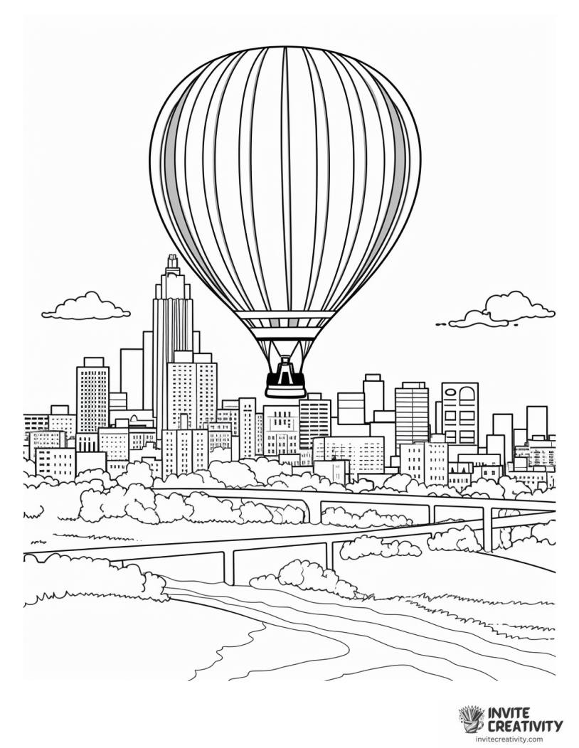 hot air balloon over city skyline to color