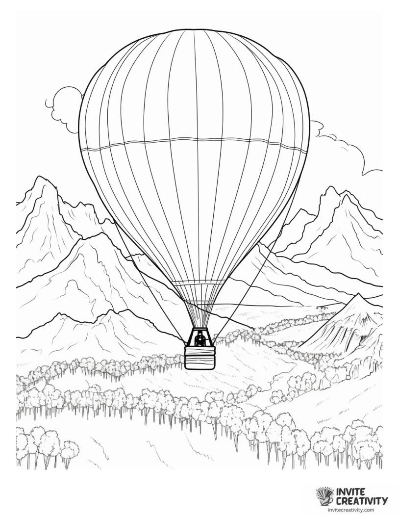 hot air balloon over mountain range coloring book page