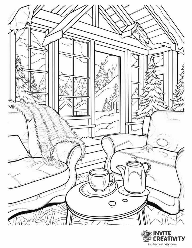 hot cocoa in a cozy cabin Coloring page of
