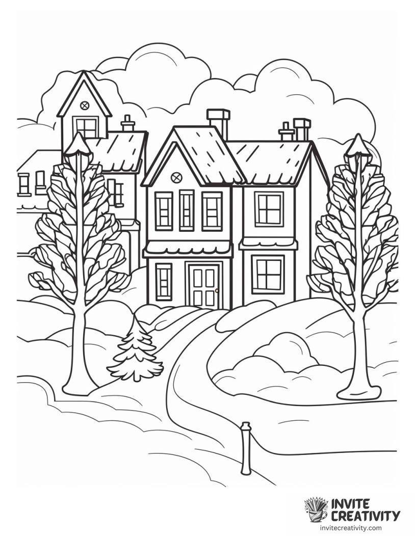 houses in snowy weather Coloring page