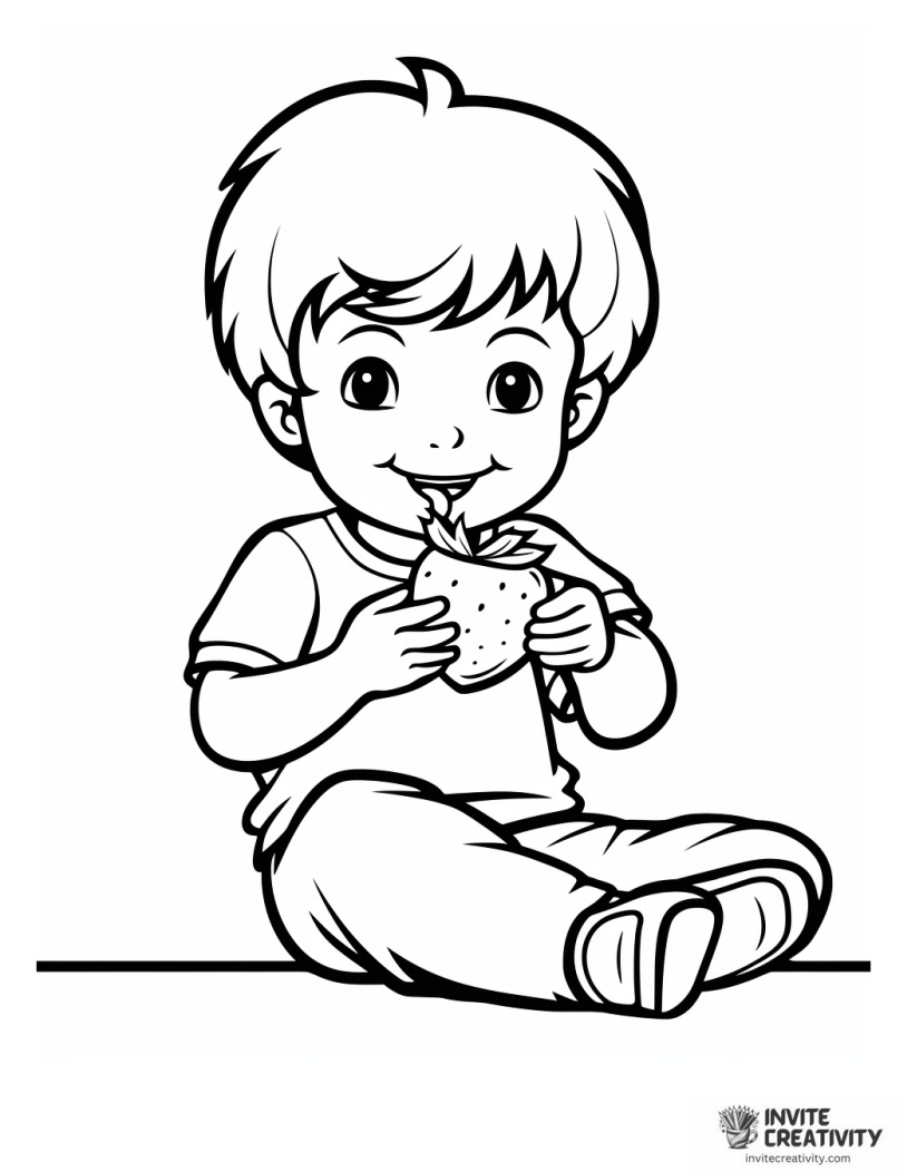 kid eating strawberry coloring page