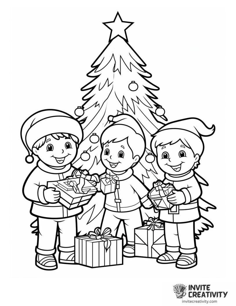 kids opening gifts on christmas eve Coloring page