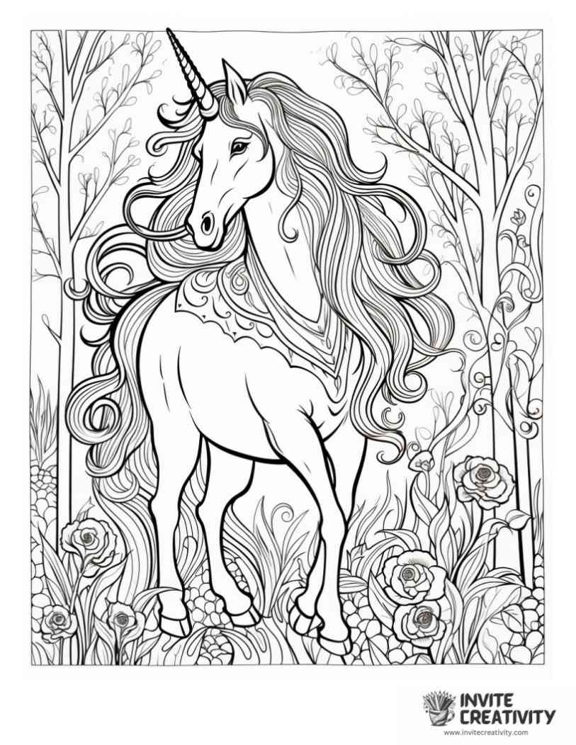 magical unicorn with long hair coloring book page