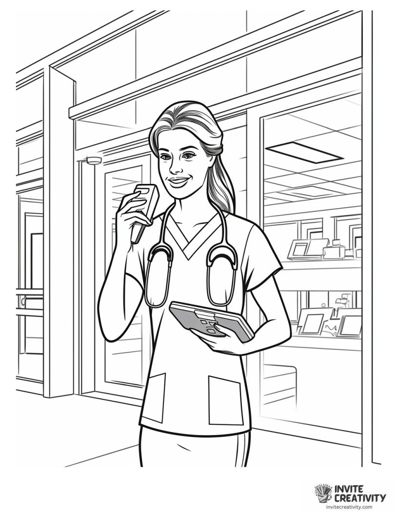nurse answering a phone call in the hospital coloring page