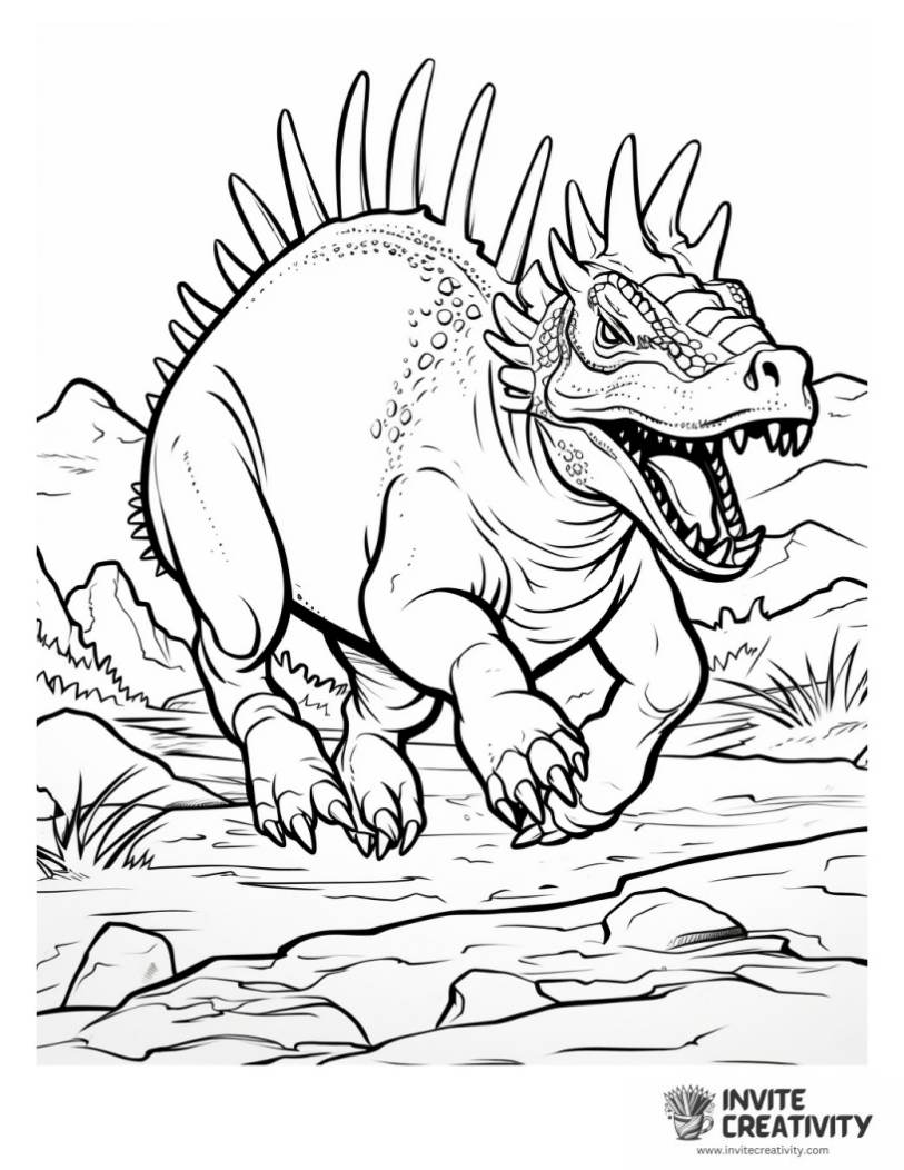 realistic triceratops running coloring book page