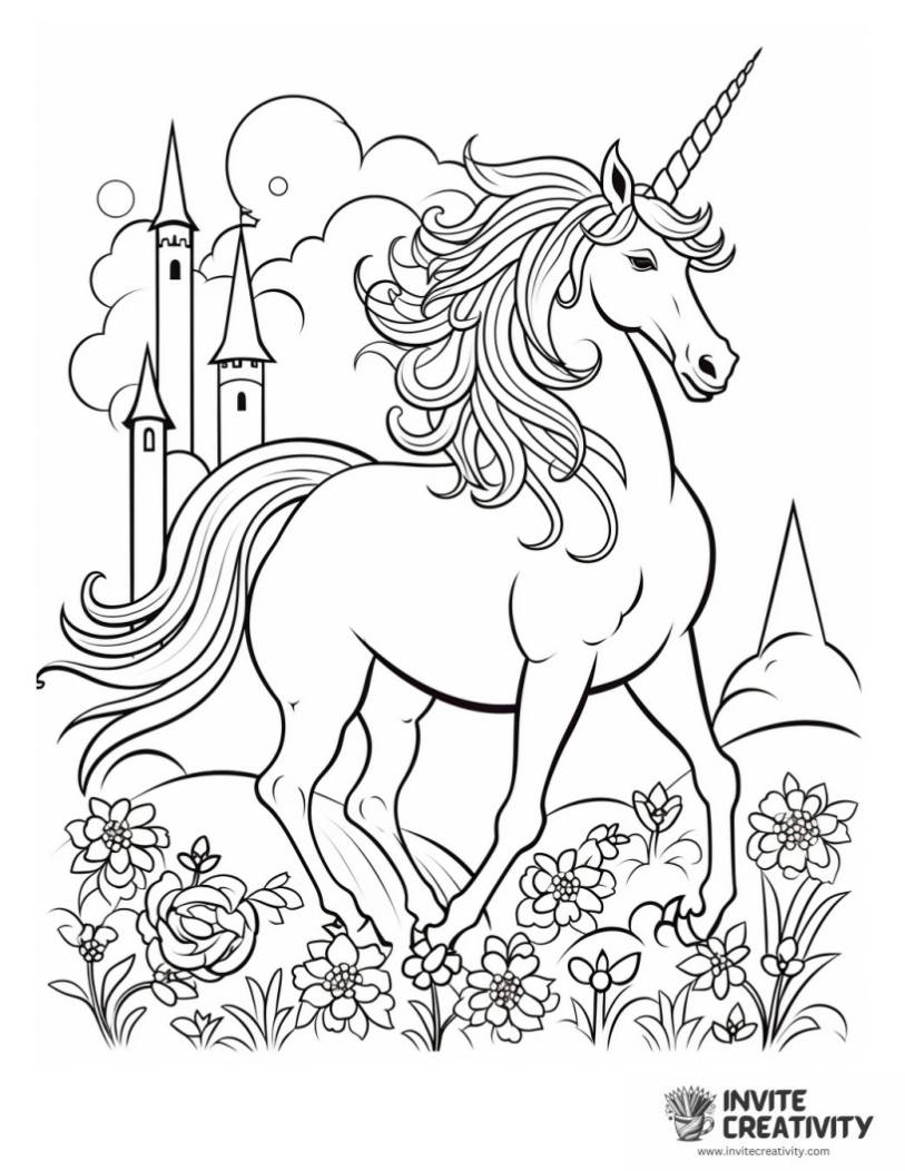 realistic unicorn next to castle outline