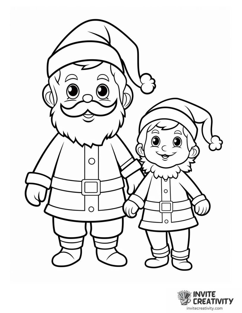 santa and elf drawing to color