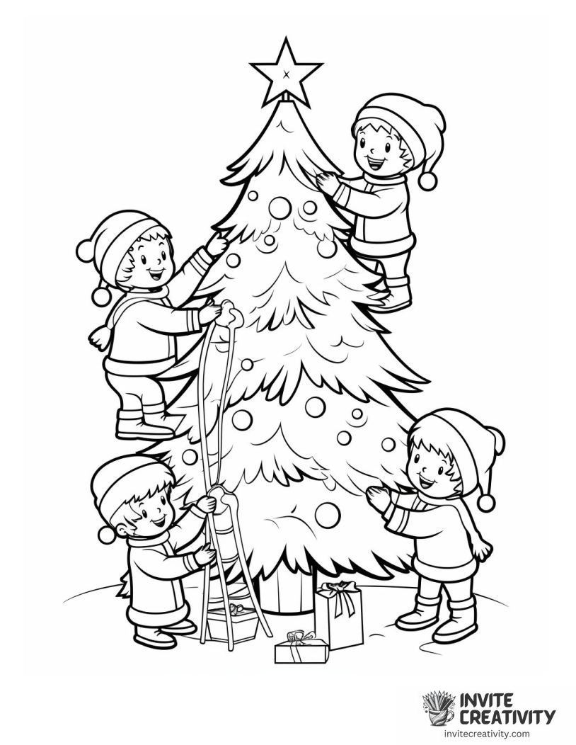 santa claus and elves decorating a tree Coloring page of