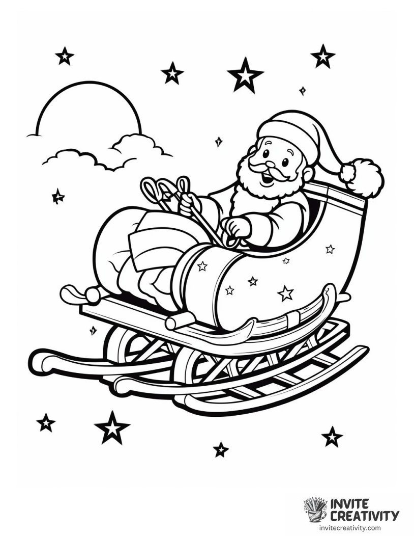 santa on a sled with gifts flying at night Coloring sheet