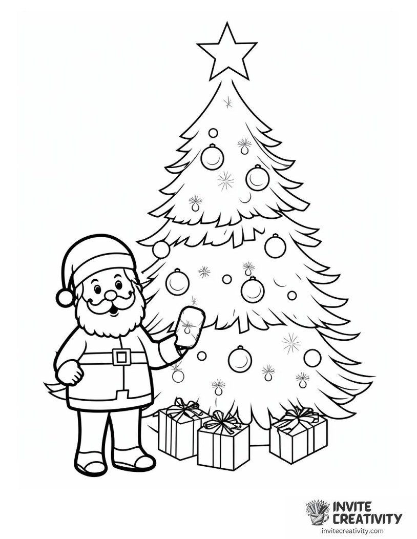 santa placing gifts under the christmas tree outline