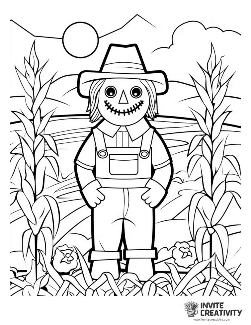 scarecrow and corn field coloring page