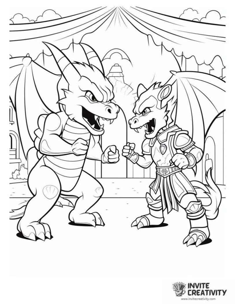 scary dragon battle coloring book page