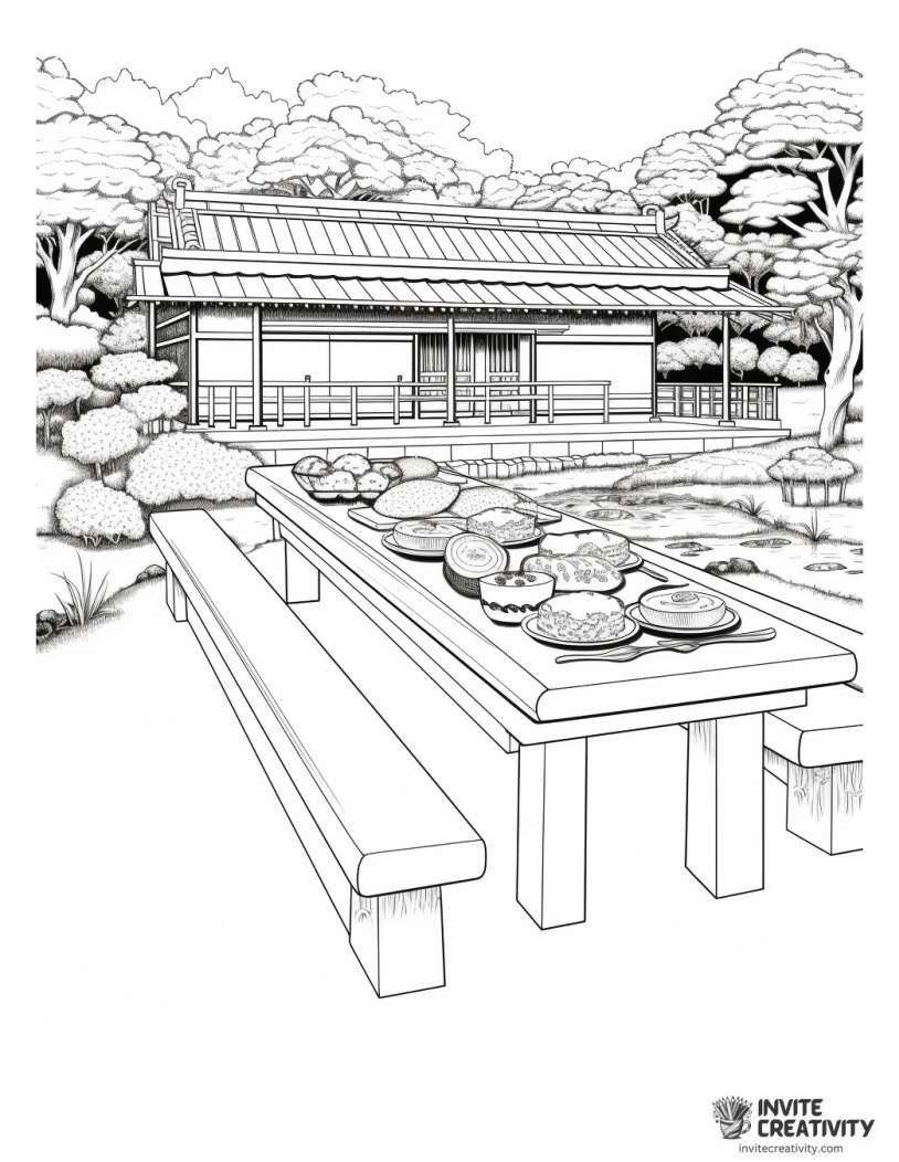 serene sushi picnic coloring page