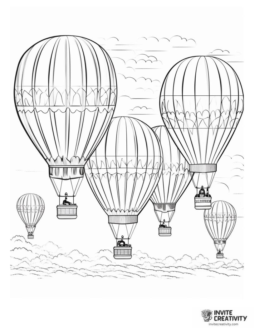 several hot air balloons in flight coloring page