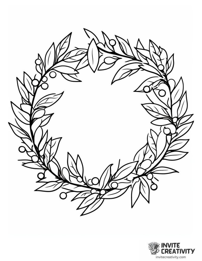 simple christmas wreath with holly leaves and red berries Coloring sheet of