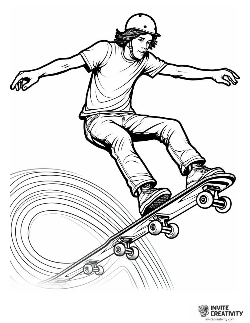skateboarder doing trick drawing to color