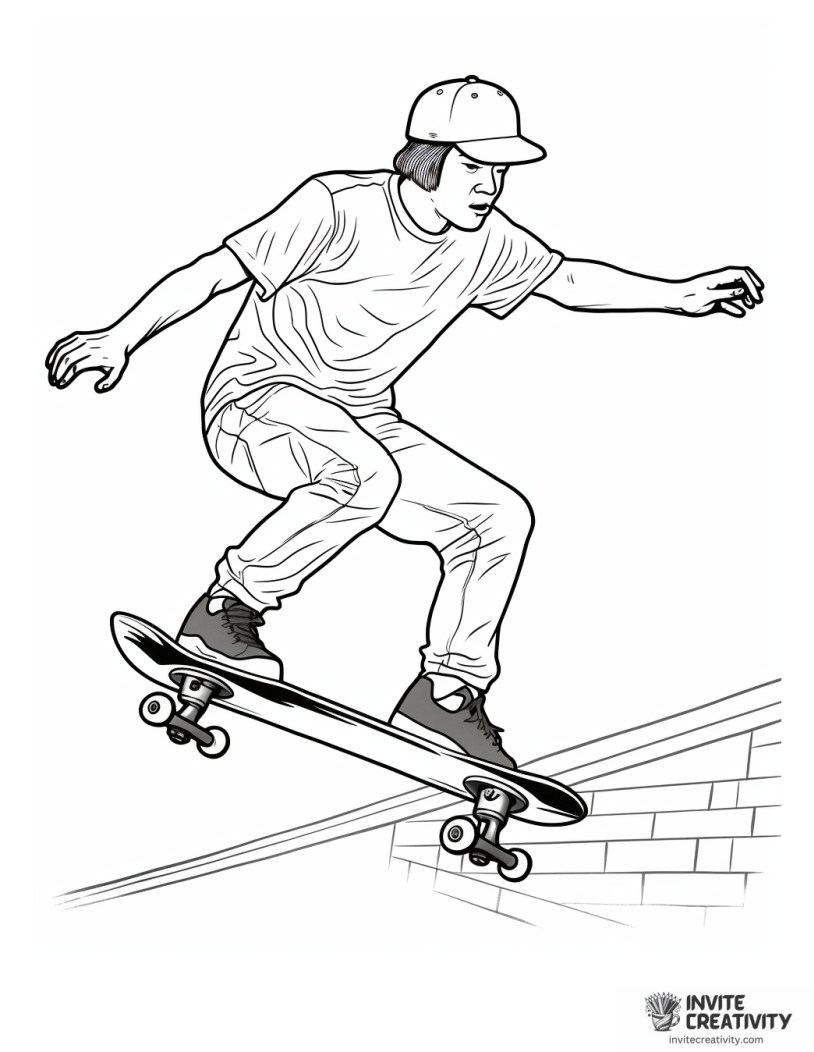 skateboarder performing a skate trick coloring sheet