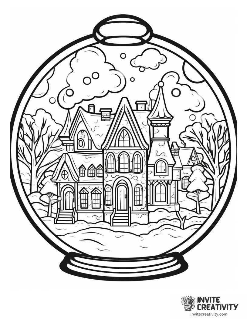 snowglobe detailed drawing to color