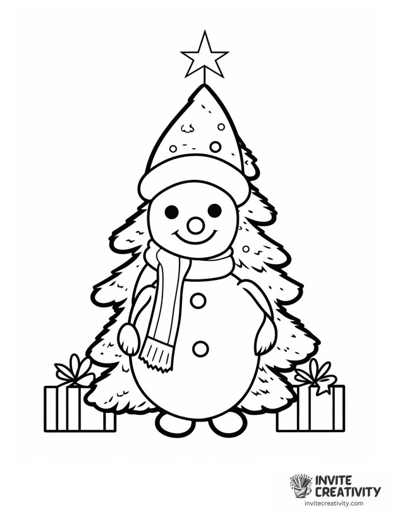 snowman and christmas tree Coloring page of