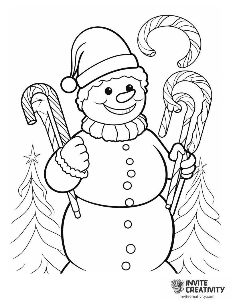 snowman holding a candy cane To Color